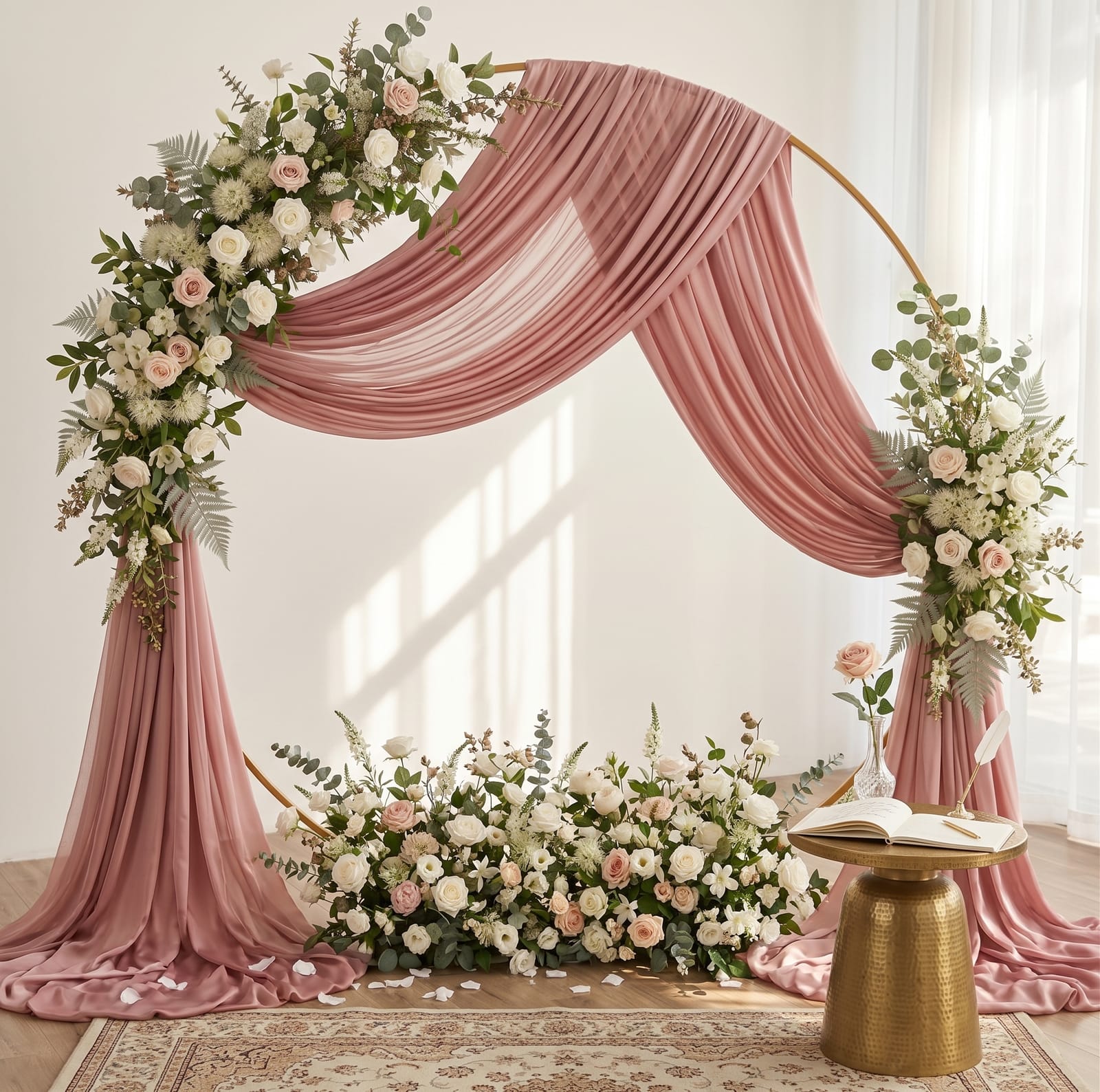A gold circular arch backdrop styled for a romantic ceremony, swagged with flowing dusty-rose chiffon that pools onto the floor and framed by lush arrangements of blush and ivory roses, ferns and eucalyptus. A meadow of white and blush flowers lines its base, and a hammered brass side table holds an open guestbook and quill beside a single pink rose, all on a vintage patterned rug in soft afternoon light.