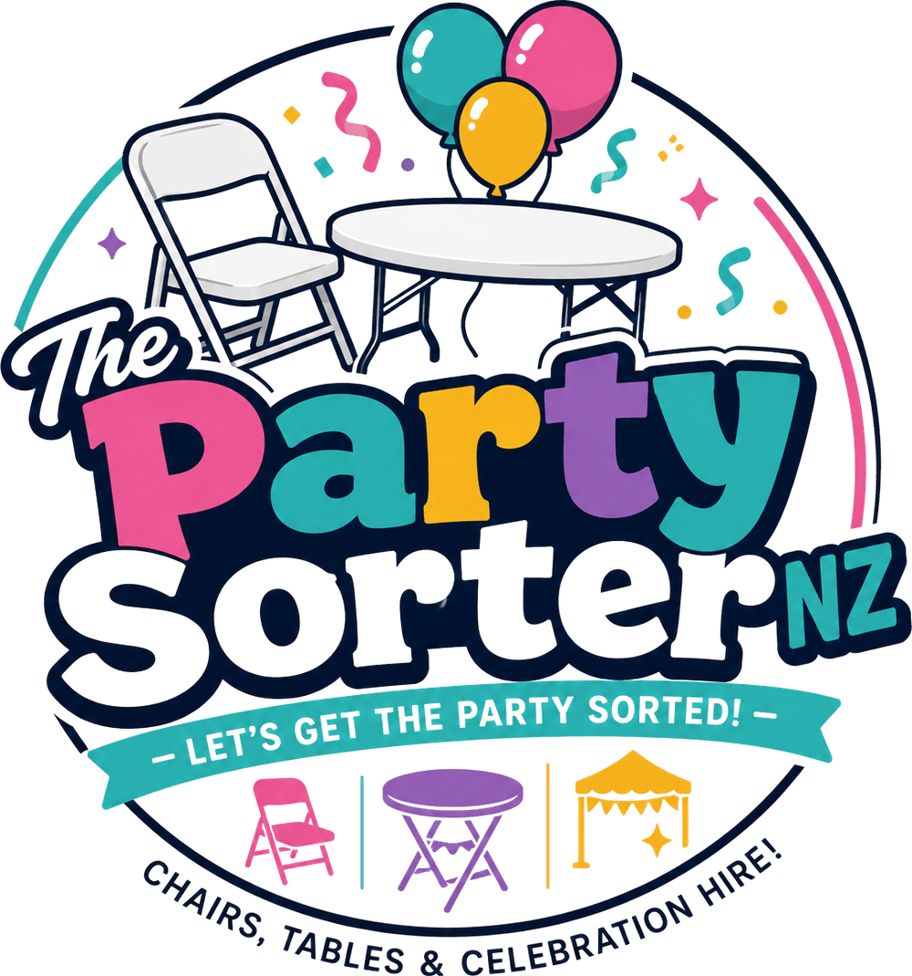 The Party Sorter NZ badge logo: bubbly pink, yellow, teal and purple 'Party' lettering beneath a white folding chair, a round party table and three balloons, with a teal ribbon reading 'Let's get the party sorted!' and the words 'Chairs, tables & celebration hire'.