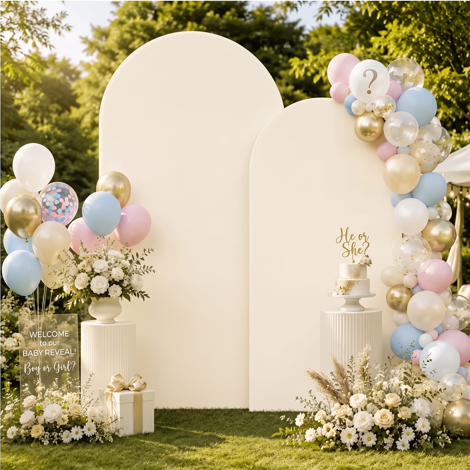 Two cream fabric-covered wooden arch backdrops of different heights standing on a sunlit garden lawn, styled for a baby gender reveal. A pastel balloon garland of blush pink, baby blue, chrome gold and confetti-filled balloons cascades down the shorter arch beside a white two-tier cake topped with a gold 'He or She?' sign on a fluted plinth. A vase of white roses on a second plinth, a gift box tied with gold ribbon, a balloon bunch and an acrylic sign reading 'Welcome to our Baby Reveal! Boy or Girl?' sit among drifts of white daisies and roses.